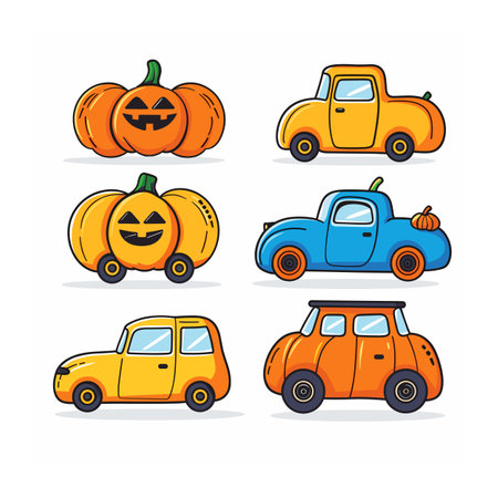Cartoon pumpkin car illustrations, Halloweenthemed vehicles. Bright colors, playful concept, festive fall season designs. Orange blue cars incorporating pumpkins, whimsical artworkのイラスト素材