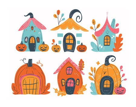 Handdrawn Halloween themed houses pumpkin elements autumn leaves. Whimsical fantasy dwellings fall celebrating spooky season. Colorful illustrations playful pumpkin houses amongst autumn foliageのイラスト素材