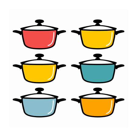 Six colorful cooking pots arranged two rows three, lids handles. Kitchenware graphic, colorful pots isolated white background, simple cooking utensil design. Red, yellow, blue, orange suitableのイラスト素材