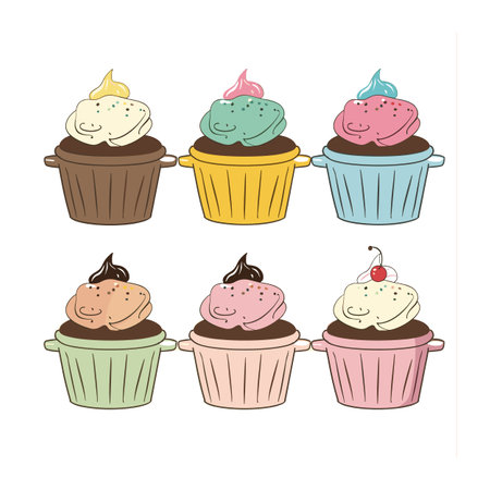 Three rows colorful cupcakes different icing flavors, sprinkles, cherry top, white background. Handdrawn six cupcakes, pastel colors, frosted dessert, sweet bakery treats illustration. Cuteのイラスト素材