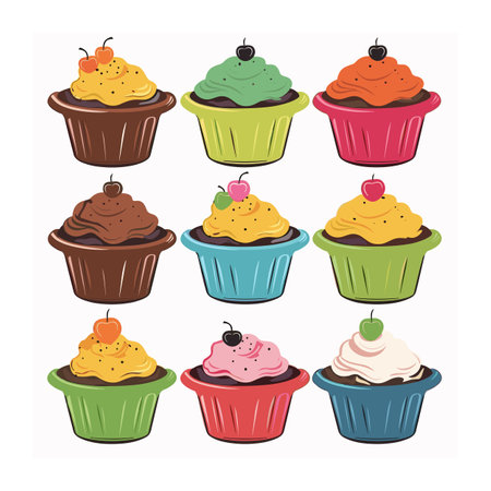 Colorful cupcakes topped cherries cartoon style isolated white background. Cupcake collection features different frosting colors yellow, green, orange, pink. Delicious bakery items perfect dessertのイラスト素材