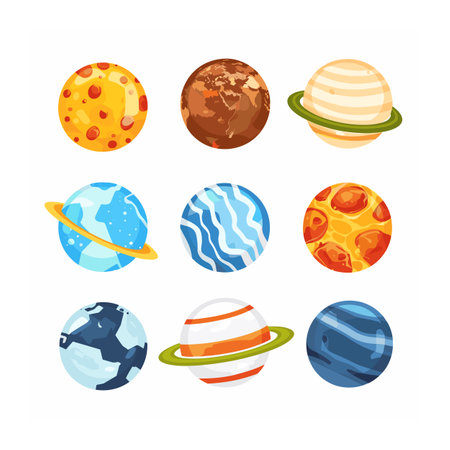 Collection cartoon planets, colorful planetary illustrations set against white background. Solar system bodies, various textures represent different celestial bodies, fantasy space theme childrenのイラスト素材