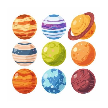 Collection colorful cartoon planets, space theme design elements. Bright celestial bodies, planetary illustration childrens educational material. Planetary set, colorful spheres depicting variousのイラスト素材