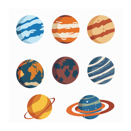 Nine colorful cartoonstyle illustrations planets. Various planet designs feature rings, different patterns colors signifying diverse planetary bodies. Collection isolated celestial graphics perfectのイラスト素材
