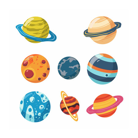 Collection cartoon planets, colorful space celestial bodies, different planet designs. Colorful space theme vector illustration, cartoon planets rings textures, isolated white. Planetary graphicのイラスト素材