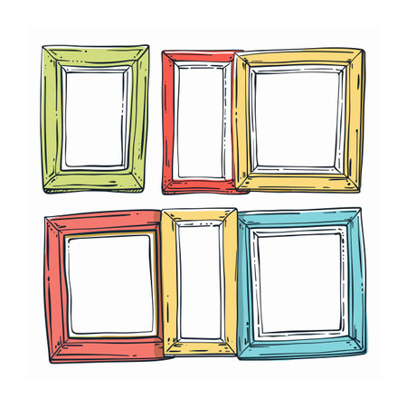 Handdrawn colorful picture frames sketched playful style. Multicolored frames ideal gallery wall art photo display. Assorted empty be used artwork presentationのイラスト素材