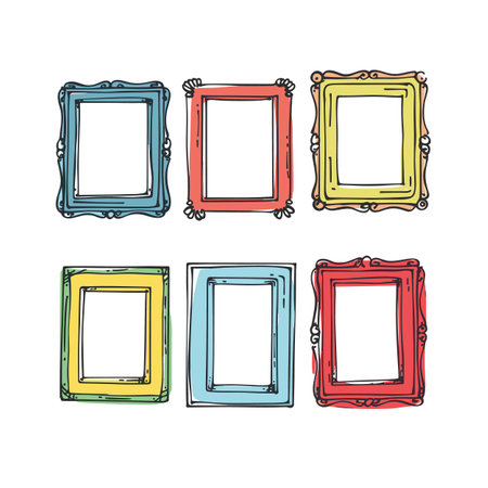 Handdrawn colorful picture frames, vintage design, empty ornate borders. Artistic gallery wall frames, doodle style, multicolored home decor. Collection retrostyle photo decoration concept, isolatedのイラスト素材