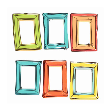 Handdrawn picture frames colorful sketch, gallery wall multiple frames illustration, home vibrant colors. Set six picture frames, artistic interior items, sketch style, variousのイラスト素材