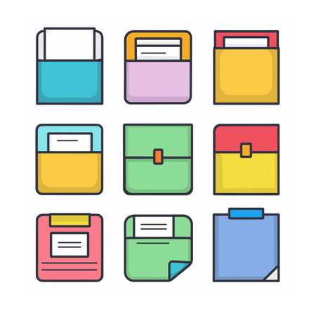 Set colorful flat design icons file folders document organizers. Different styles including flap, pocket, label details. Cartoon style stationary organization themesのイラスト素材