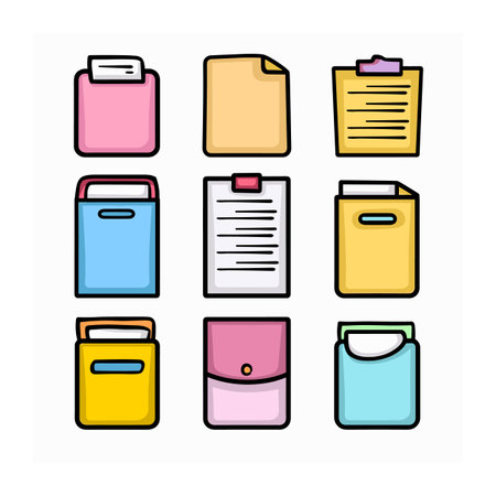 Collection colorful document folder icons, office supplies clip art. Cartoon style document folders, clipboard, cute paper organization vectors. Flat design workrelated items, assortedのイラスト素材