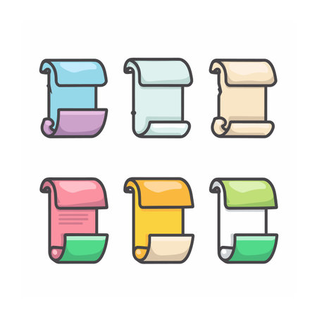 Six colorful scrolls depicted, various shades designs, empty banners text. Flat style scrolls, bright colors, cartoonish feel, suitable design elements. Set vector scrolls, suitable icons decorativeのイラスト素材