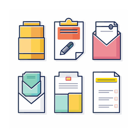 Colorful vector illustrations various document storage icons. Flat design style documents including clipboard, envelopes, filing drawers. Business office stationery concept vibrant colors againstのイラスト素材