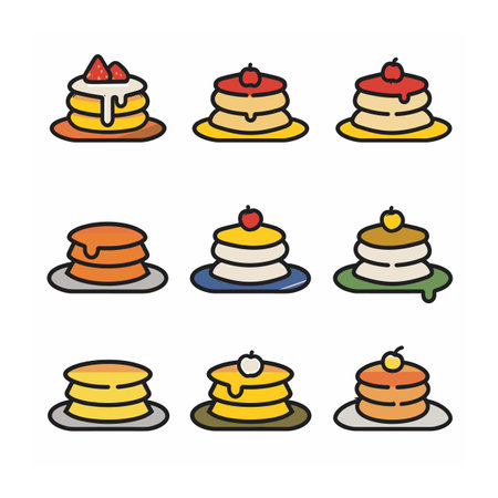 Stacks pancakes different toppings fruits illustrated. Colors vibrant, design simple, food theme. Vector graphic, isolated, suitable breakfast menuのイラスト素材