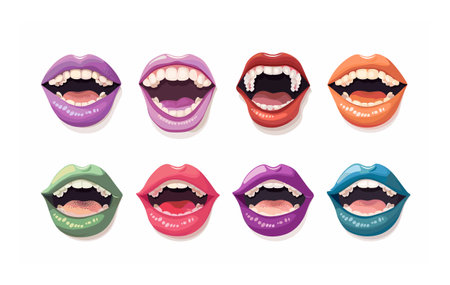 Collection colorful lips expressions, vibrant lipstick shades, talking mouths illustration. Various mouth positions, lips teeth showing, communicating gestures depicted. Cartoon style mouths setのイラスト素材