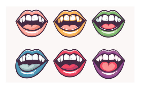 Six cartoon mouths various expressions colorful lips, dental health concept, speech bubble idea. Diverse lip colors ranging pink green, expressions showing teeth, tongue, smiling. Graphic design setのイラスト素材