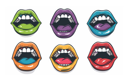 Six colorful cartoon lips, different colors, emotions, isolated white background. Handdrawn mouth expressions, vibrant comic style, illustrated facial features. Diverse lip positions signifyのイラスト素材