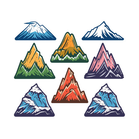 Six colorful mountain illustrations, snowcapped peaks, vibrant gradients. Handdrawn style mountains, graphic design elements, nature themed. Adventure, travel, outdoor icons, isolated whiteのイラスト素材