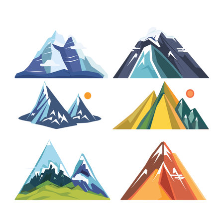 Set six colorful mountain vector illustrations depicting diverse seasons times day, graphic showcases mountains artistic snow caps distinctive color palettes suggesting different climates. Stylizedのイラスト素材