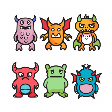 Six cartoon monsters colorful friendly cute characters isolated white background. Creatures smiling whimsical fun design kids playful imaginary friends. Monsters various shapes sizes horns wingsのイラスト素材