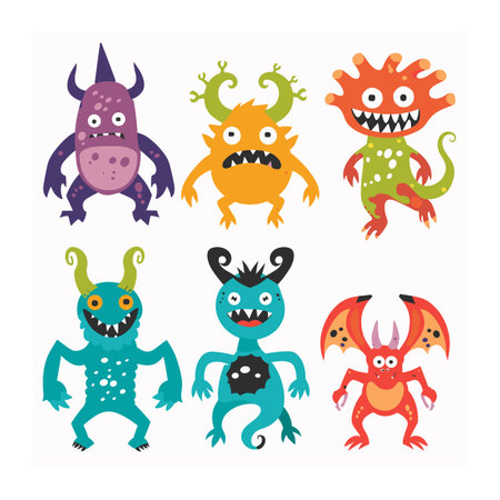 Six colorful cartoon monsters isolated white background, creature unique funny design smiling eyes teeth. Playful monster characters childrens book gameのイラスト素材