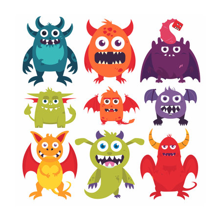 Collection colorful cartoon monsters, cute creature characters children. Various monsters, happy funny aliens, different shapes, horns, wings expressions. Set playful fantasy monster illustrationsのイラスト素材