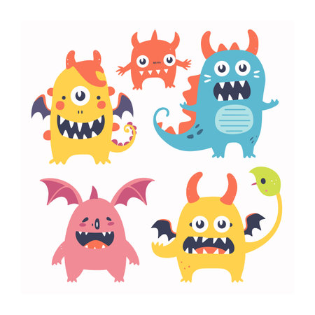 Five colorful cartoon monsters, cute creature design isolated white background. Fantasy characters smiling, horns, wings, tails, spikes, different shapes sizes. Collection funny critters, playfulのイラスト素材
