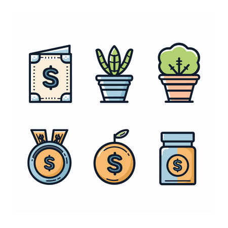 Set investment wealth icons, featuring moneyrelated items. Savings financial growth concept currency symbols. Creative design finance, money management, business themesのイラスト素材