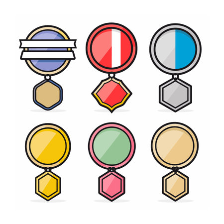 Set six different medal icons colorful designs ribbons isolated white background. Bright colored medals award, achievement, ranking, game asset, detailed flat vector illustration. Medals featureのイラスト素材