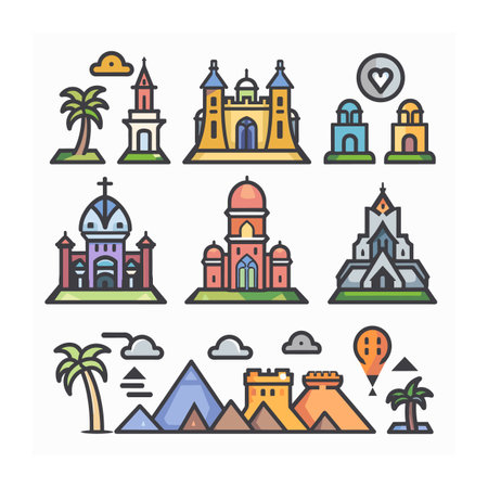 Set colorful landmarks natural wonders vector illustrations. Icons depict temples, pyramids, palm tree, mountains, balloon. Graphic design travel, tourism, cultural symbols themesのイラスト素材