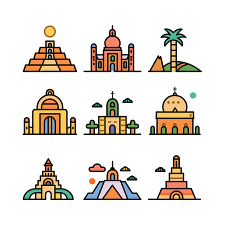 Set colorful vector illustrations various ancient historical buildings. Bright, stylized icons representing famous architectural structures under clear sky. Collection features range landmarksのイラスト素材