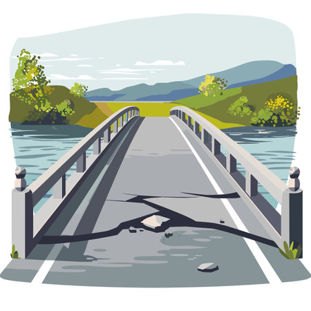 Damaged bridge over river cracks broken railings. Cartoon style bridge collapse blue river green landscape. Road accident scene, unsafe construction imminent dangerのイラスト素材