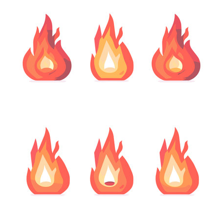 Set six cartoon fire flames, varying shapes intensities. Simple stylized fire icons ideal infographics mobile apps. Bright red, orange, yellow colors dominate illustrationsのイラスト素材