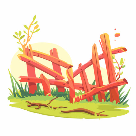 Broken wooden fence cartoon illustration sunny day, damaged rustic barrier farm countryside. Weathered wood planks, fallen fence sunny rural landscape, green grass, cartoon style. Sun behindのイラスト素材