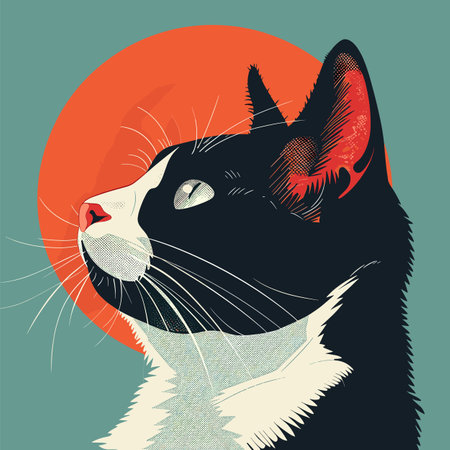 Black white tuxedo cat portrait against orange circle, retro style. Tuxedo cat whiskers, sharp eyes, detailed fur, artistic design, teal background, gaze profile, vibrant contrasting colorsのイラスト素材