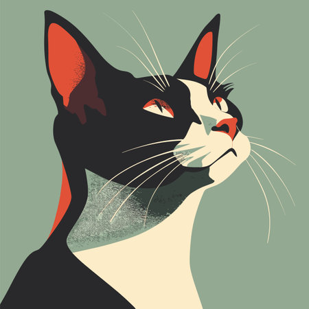 Stylized cat illustration portraying black white feline prominent red ears eyes. Cat looking upward, modern graphic art style against green background. Whiskers, sharp features, contemplativeのイラスト素材