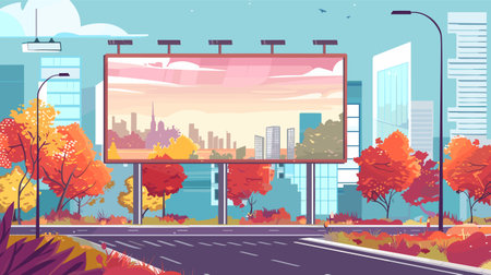 Billboard urban autumn landscape stands amidst vibrant fall foliage. Skyline silhouette displayed billboard against pink sky. Streets devoid people vehicles, calm city scene illustrationのイラスト素材
