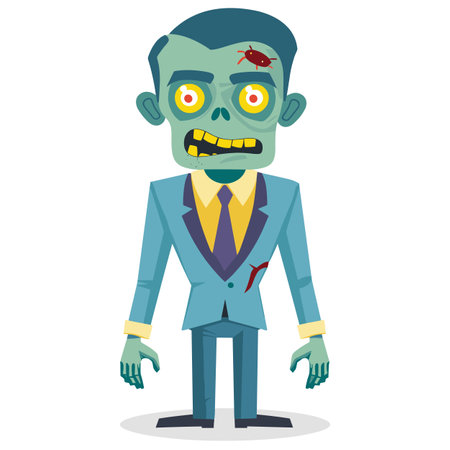Zombie businessman cartoon standing, undead character formal attire damaged clothing. Illustrated male zombie yellow eyes, green skin, wound, cartoonish scary figure. Halloween themed vector graphicのイラスト素材