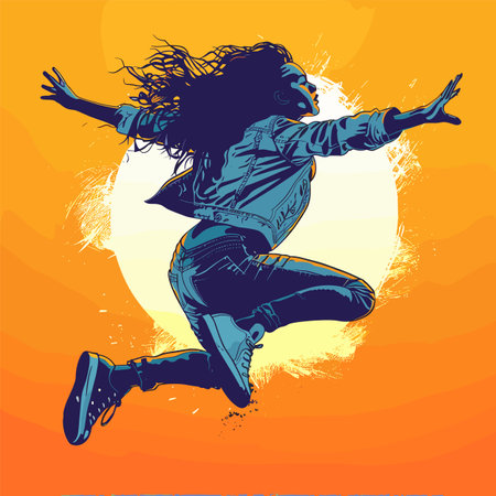 Young African American female jumping joyfully against orange background. Energetic woman celebrating freedom dynamic leap, casual denim fashion. Expression happiness, wild hair, movement capturedのイラスト素材