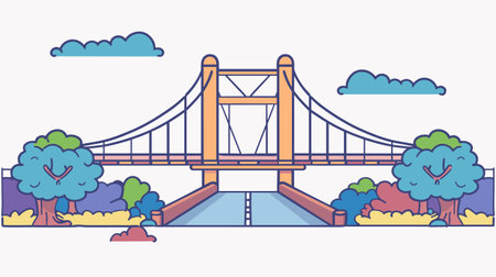 Colorful vector illustration suspension bridge, stylized design, blue sky. Cartoon bridge orange towers, trees, river under, happy scenery. Simplified drawing bridge, playful graphic, nature sceneのイラスト素材