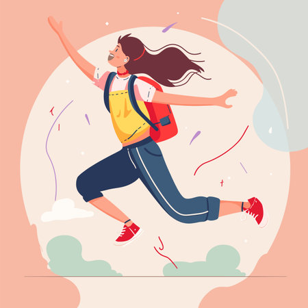 Young woman runs enthusiastically joyful expression, backpack bouncing. Sporty female midjump, hair flowing, energetic gesture, casual wear. Dynamic pose conveys happiness, carefree mindset, activeのイラスト素材