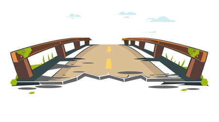Cartoon style broken bridge, wooden structure, damaged road, isolated white background. Cracked bridge road yellow line, cartoon destruction, outdoor scene. Collapsed wooden bridge, concept, safetyのイラスト素材