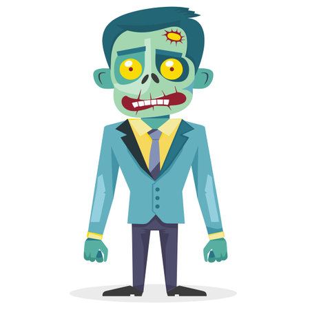 Cartoon zombie businessman standing confidently. Zombie character wearing suit yellow tie, undead office worker. Green skin yellow eyes, Halloween themed vector illustrationのイラスト素材