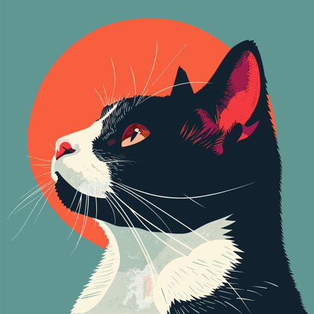 Black white cat illustration bold orange circle background. Cat gazes upwards, whiskers fur details, artistic design. Retro style feline portrait, sun moon background, graphic artworkのイラスト素材