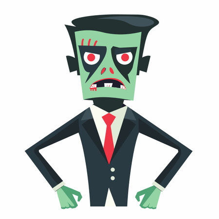 Cartoon zombie businessman standing straight, looking tired spooky. Undead character formal suit green skin red eyes. Halloween themed graphic zombie wearing business attire isolated whiteのイラスト素材