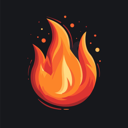 Bright orange fire flame vector illustration black background. Cartoon style burning fire design element graphic projects. Stylized flame icon representing energy, warmth, dangerのイラスト素材