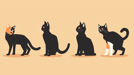 Four cartoon cats various poses beige background, one distinct orange black cat standing out black cats. Cat characters different fur colors walking, sitting, looking curious. Unique orange amongstのイラスト素材