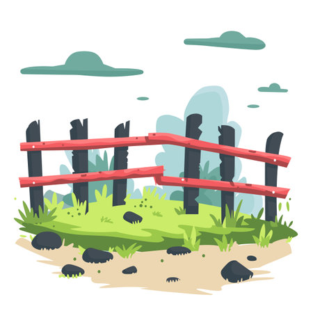 Rustic wooden fence cartoon vector illustration meadow background, featuring red planks, green foliage. Weathered farm fence design, artistic outdoor scene grass foliage. Cartoon stylized woodenのイラスト素材