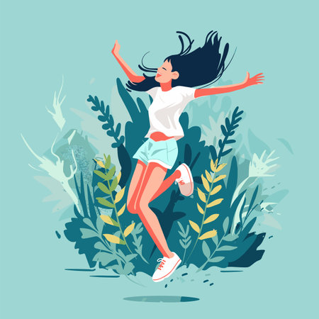 Young woman joyfully jumping amidst lush foliage background. Female character expressing freedom happiness, casual summer clothing, dynamic pose, playful mood, teal green plantsのイラスト素材