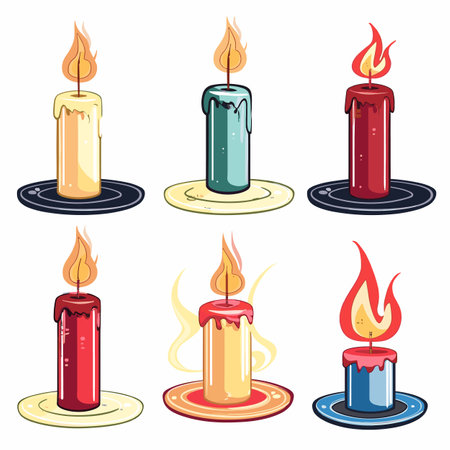 Set six colorful burning candles, illustrated various states melting, depicting flames wax drips, presented separate plates. Vector graphic candles yellow, teal, red, blue hues, displaying fireのイラスト素材