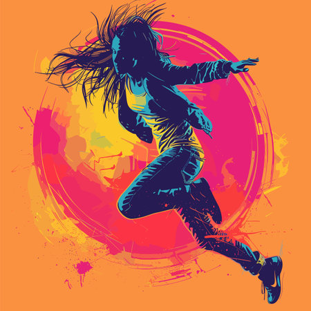Young adult woman dancing silhouette, energetic move, vibrant orange yellow background. Female dancer jumping, dynamic pose, flowing hair, urban scene. Artistic illustration, dance artwork, streetのイラスト素材